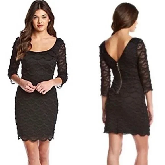 NWT Guess Black Kira Scalloped Eyelash Fringe Lace Dress LBD Size 10 NEW I991 - Picture 1 of 11